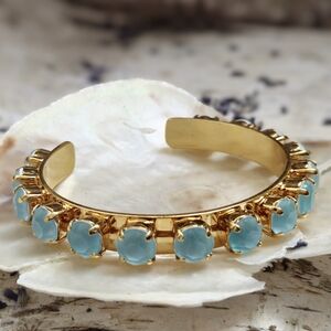 Neon Light Blue Glow In The Dark  Crystals In 18k Gold Plated Cuff Bracelet